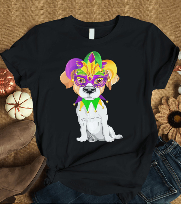 T-Shirt: Russell Terrier in Mardi Gras Jester Costume with Mask and Jester Hat T-Shirt Russell Terrier in Mardi Gras Jester Costume with Mask and Jester Hat T-Shirt