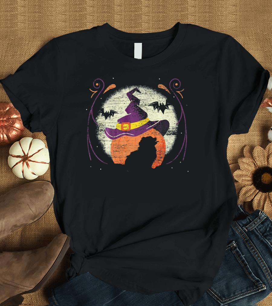 Halloween Pomeranian Dog Witch Hat Bat Moon T-Shirt