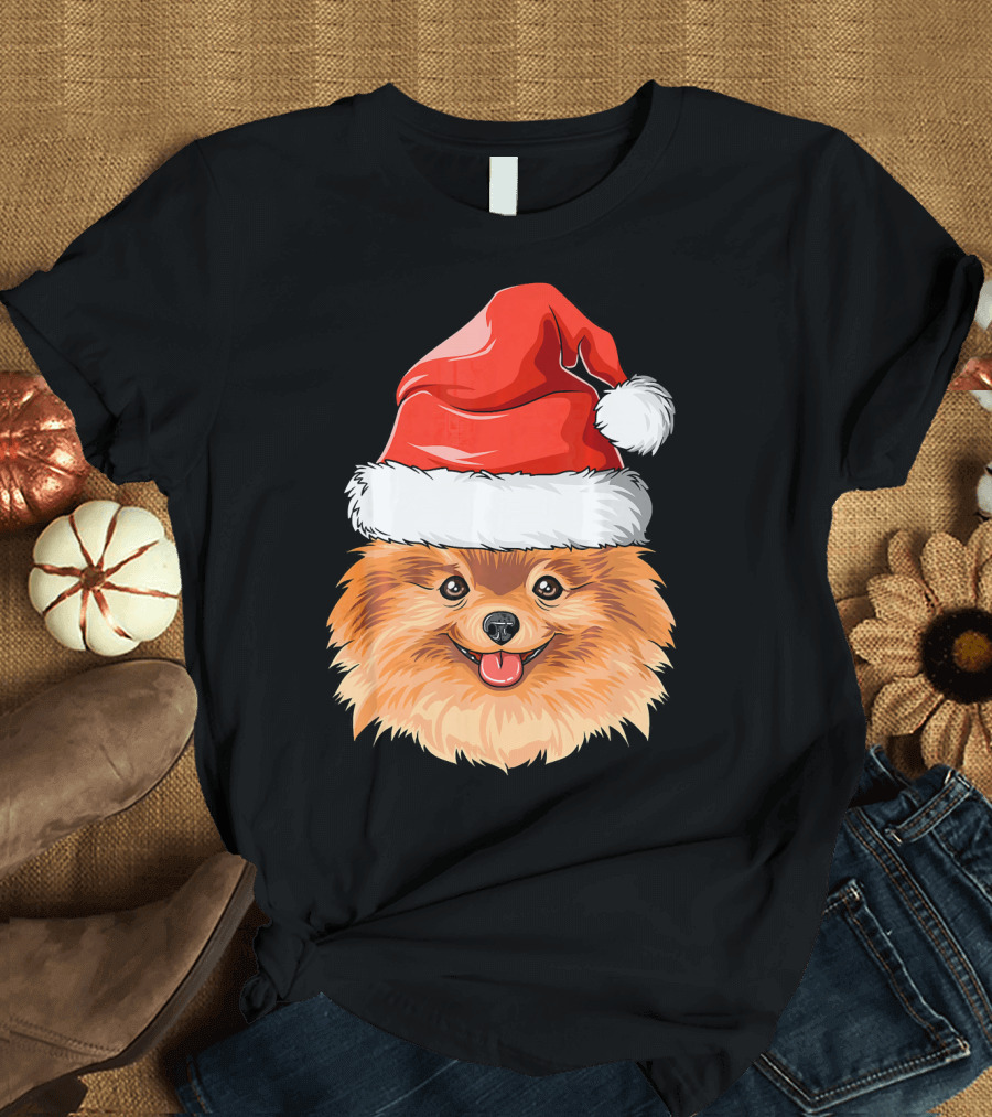 Pomeranian Christmas Santa Hat Festive Pomerania T-Shirt