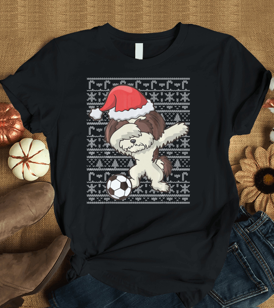 Soccer Dabbing Shih Tzu Dog Santa Hat Christmas T-Shirt