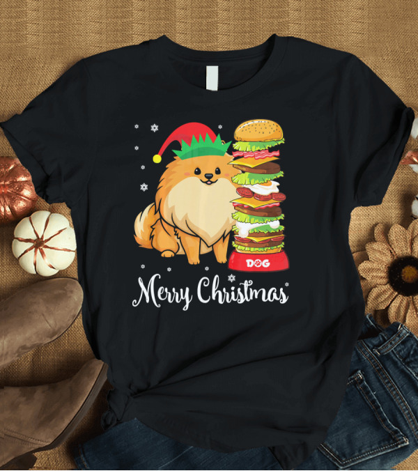 T-Shirt: Merry Christmas Pomeranian in Elf Hat with Giant Burger Dog Bowl T-Shirt Merry Christmas Pomeranian in Elf Hat with Giant Burger Dog Bowl T-Shirt