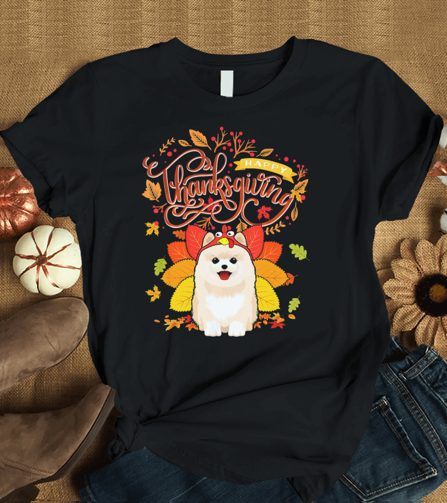 Happy Thanksgiving Pomeranian Autumn Turkey Hat T-Shirt