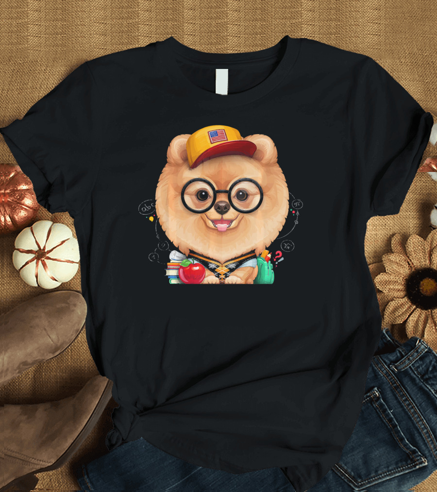 Orange Pomeranian Schoolkid Back to School Cute Nerdy Dog with Glasses and Books T-Shirt