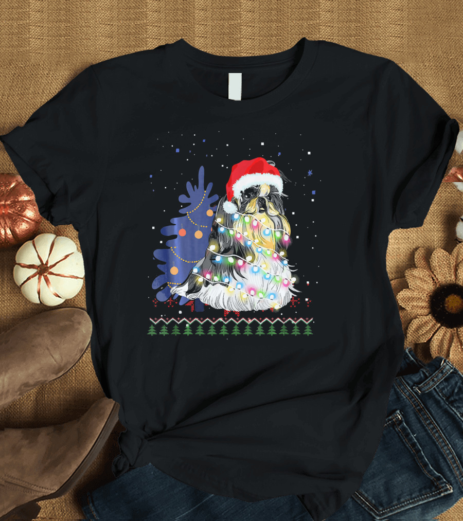 Shih Tzu Christmas Tree with Santa Hat and Holiday Lights T-Shirt
