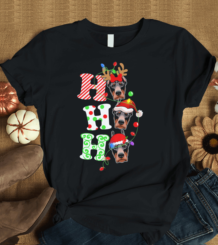 Merry Christmas Doberman Pinscher Ho Ho Ho Santa Reindeer Lights T-Shirt