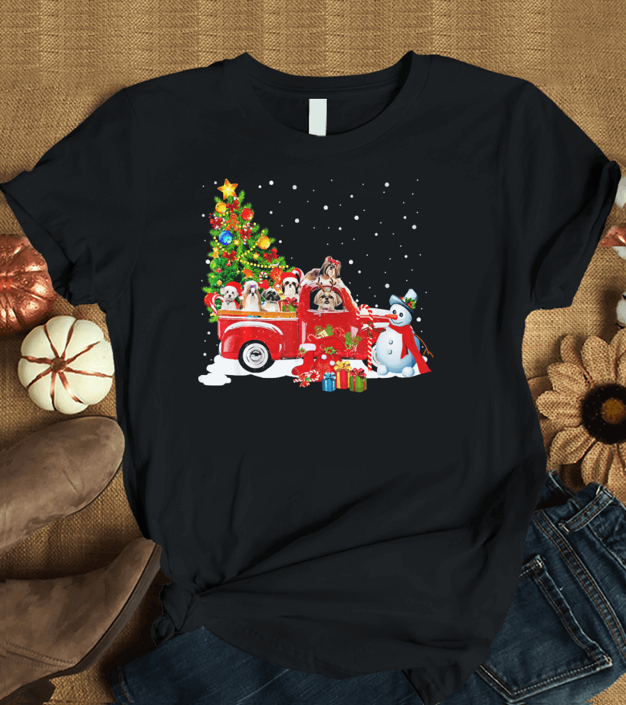 Merry Christmas Shih Tzu Puppies in Festive Truck with Snowman and Gifts T-Shirt