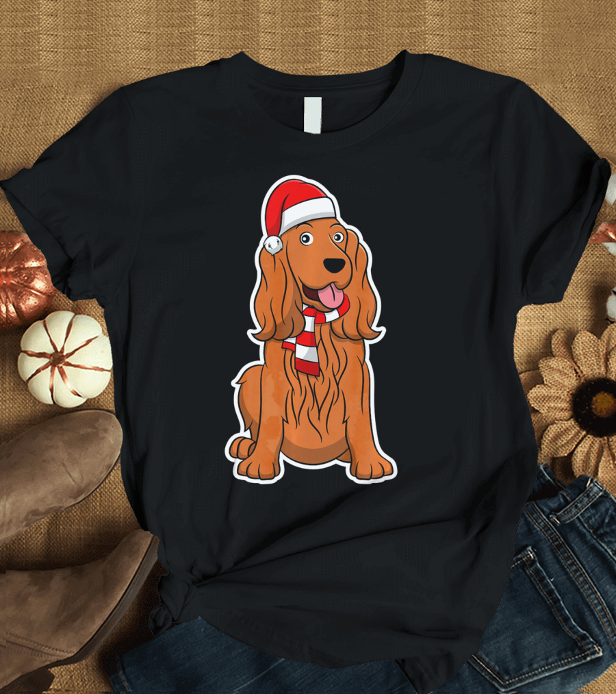 Christmas Cocker Spaniel Dog Santa Hat Scarf T-Shirt