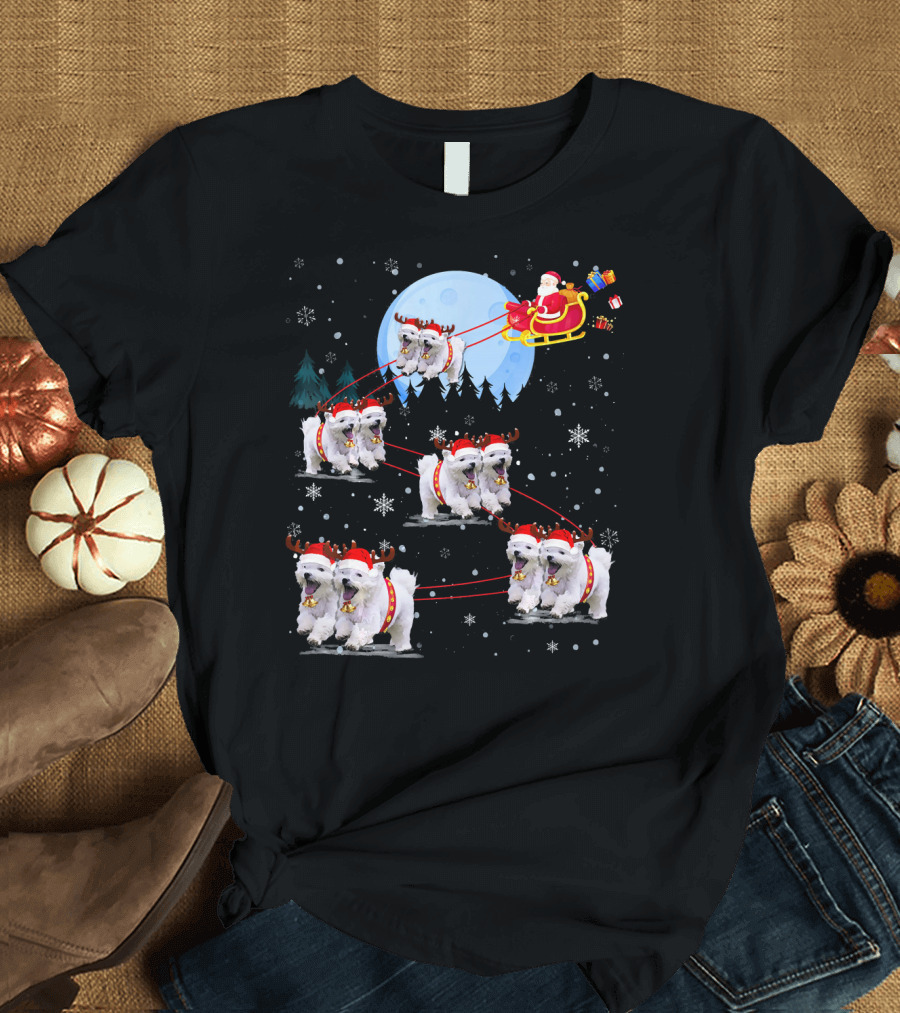 Santa's Sleigh with Maltese Reindeer Under Moonlit Snowflakes T-Shirt
