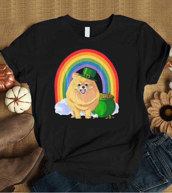 T-Shirt: St Patricks Day Pomeranian Leprechaun with Rainbow and Pot of Gold T-Shirt St Patricks Day Pomeranian Leprechaun with Rainbow and Pot of Gold T-Shirt