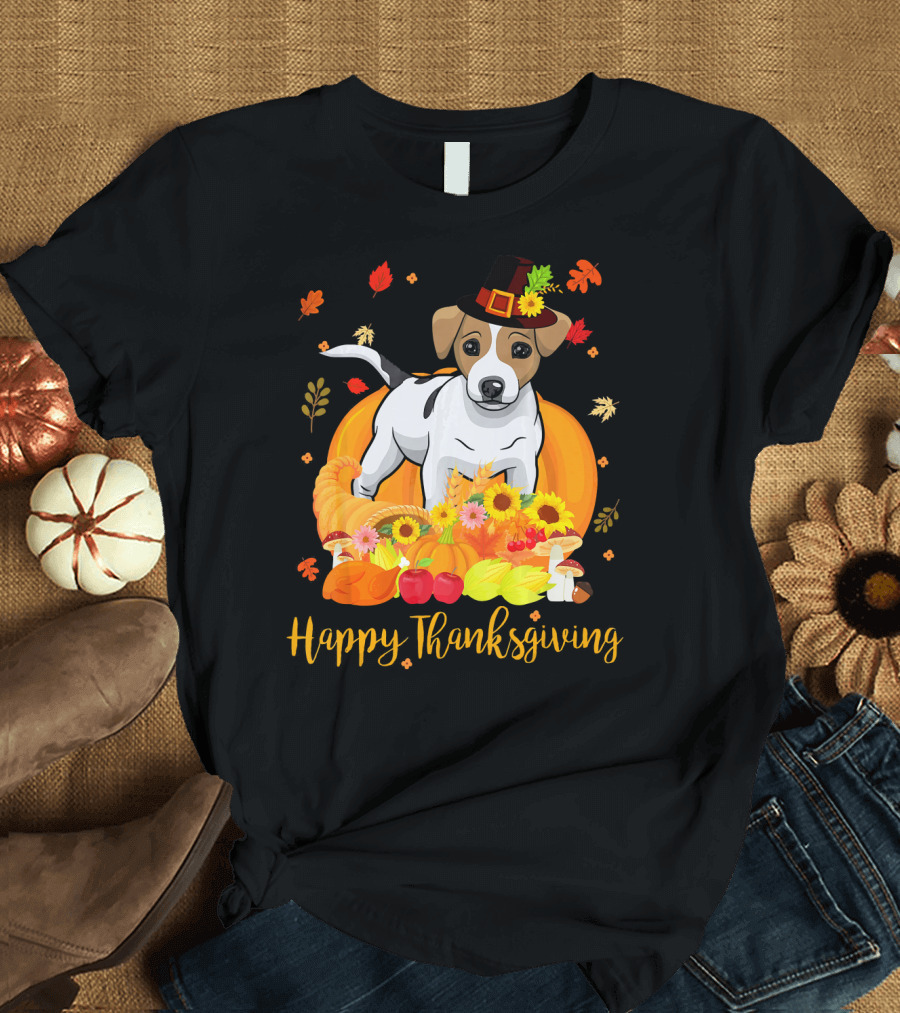 Happy Thanksgiving Jack Russell Dog in Pilgrim Hat with Autumn Harvest T-Shirt