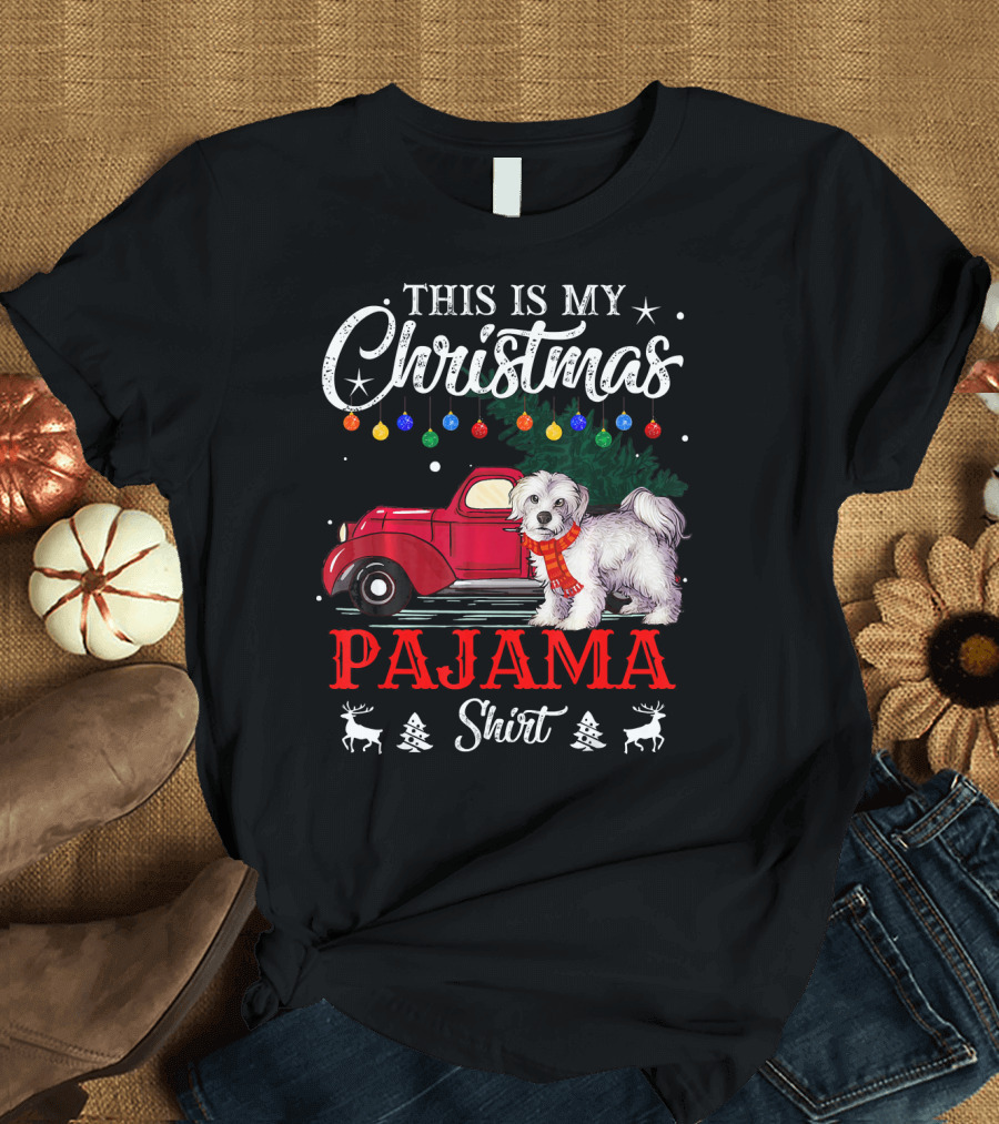 This Is My Christmas Pajama Shirt with Dog and Red Car Decorated with Holiday Ornaments T-Shirt