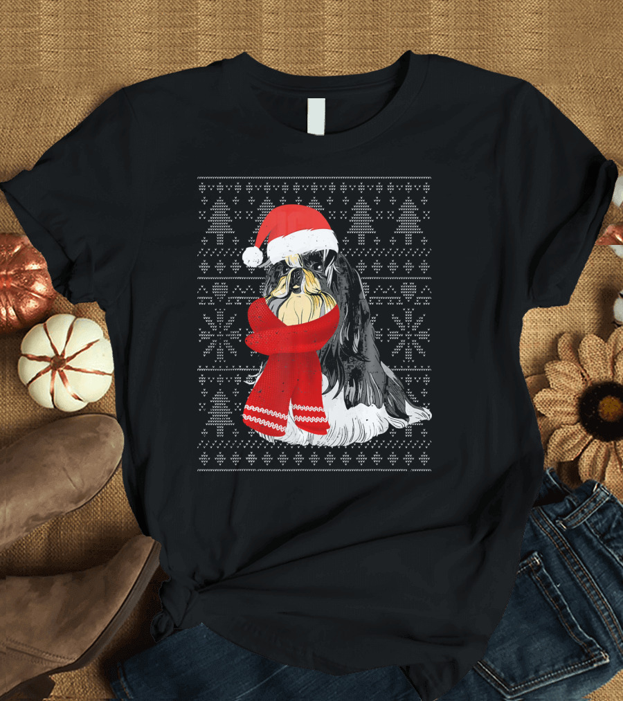 Shih Tzu in Santa Hat and Scarf Ugly Christmas T-Shirt