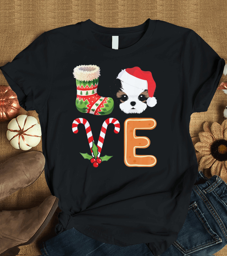 Shih Tzu Lover Xmas Stocking Santa Hat Candy Cane E T-Shirt