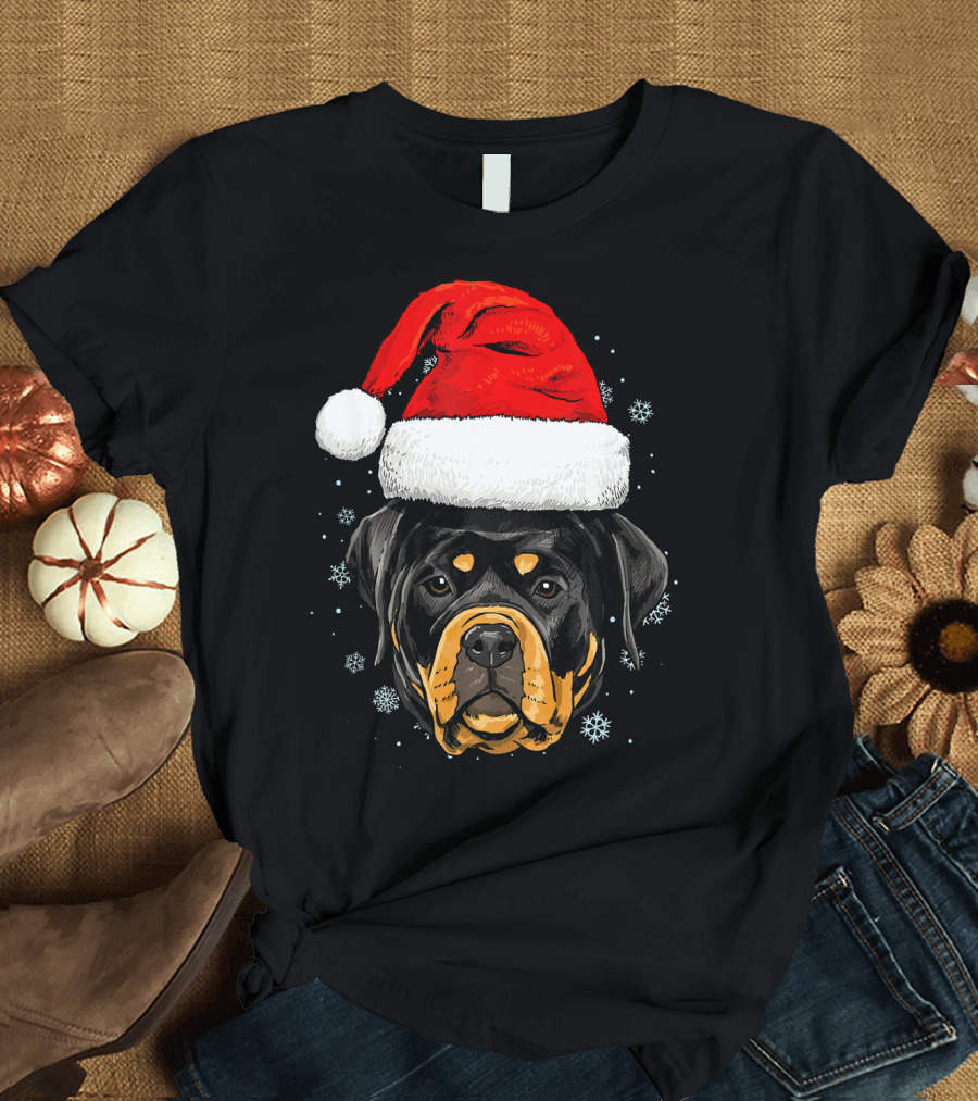Rottweiler Santa Hat Christmas Dog Snowflakes Boys Girl T-Shirt