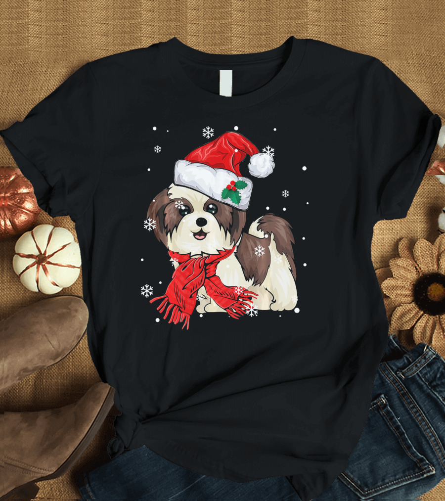 Shih Tzu with Santa Hat and Red Scarf Surrounded by Snowflakes T-Shirt