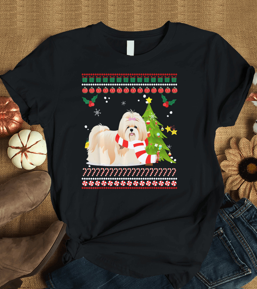 Cute Shih Tzu Christmas Pine Tree Snowflakes Candy Canes T-Shirt