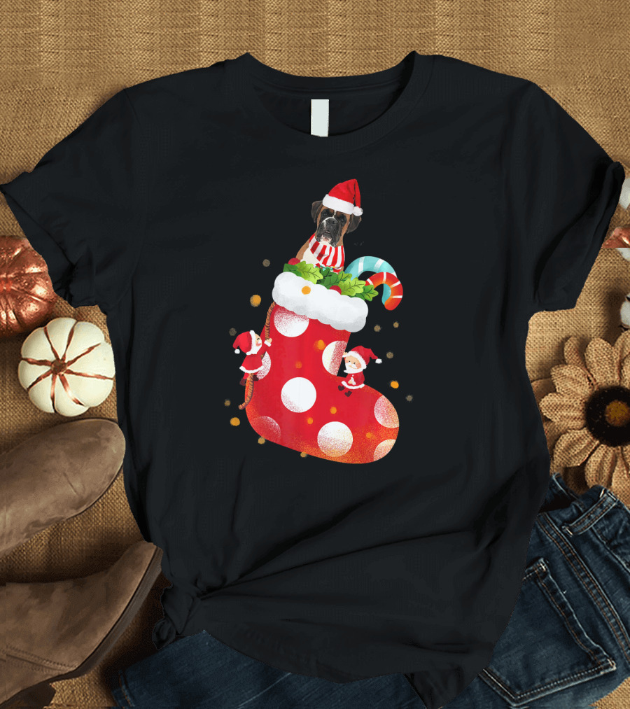 Boxer Dog in Christmas Stocking with Santa Hat and Candy Cane T-Shirt