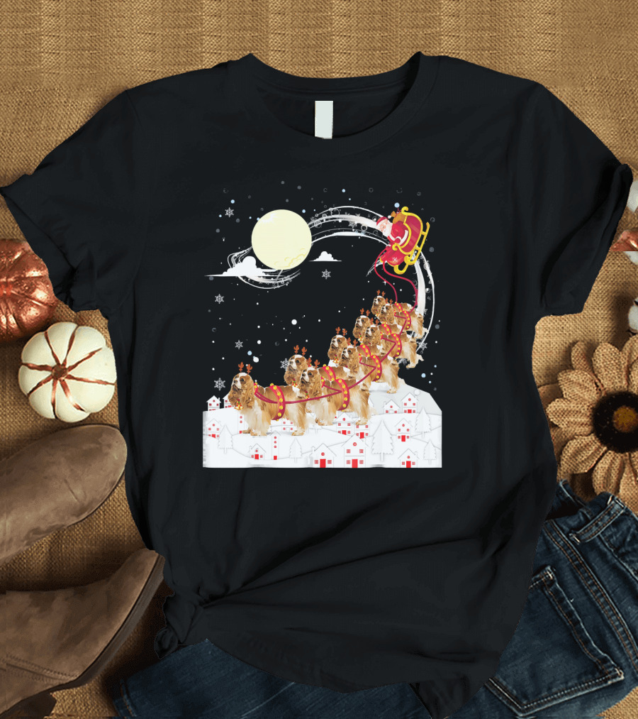 Cavalier King Charles Spaniel Reindeer Sleigh with Santa in Night Sky T-Shirt