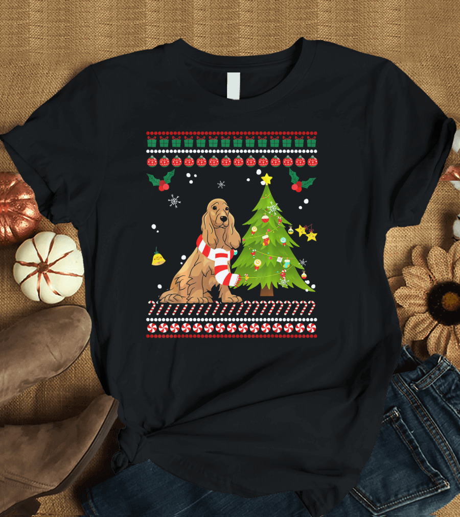 Cute Cocker Spaniel Christmas Pine Tree with Festive Decorations and Candy Canes T-Shirt