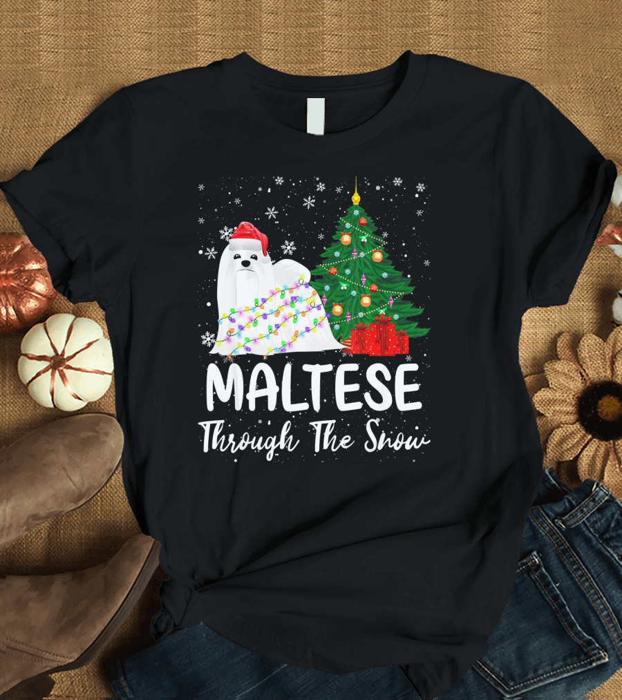 Maltese In Santa Hat Wrapped in Christmas Lights by Tree T-Shirt