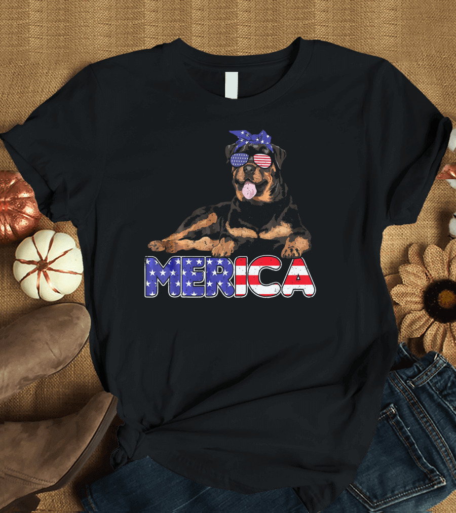 MERICA Rottweiler with American Flag Sunglasses and Bandana T-Shirt