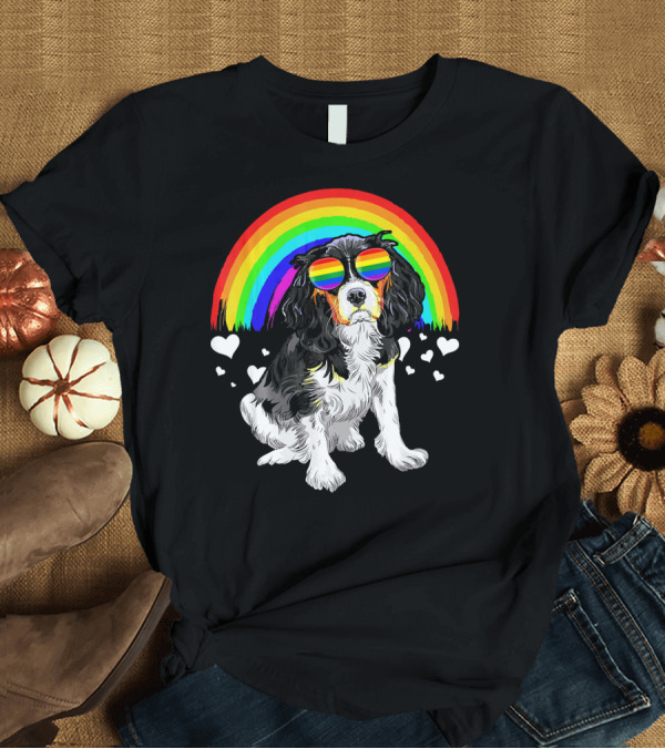 T-Shirt: Cavalier King Charles Spaniel Rainbow Glasses Heart Background T-Shirt Cavalier King Charles Spaniel Rainbow Glasses Heart Background T-Shirt
