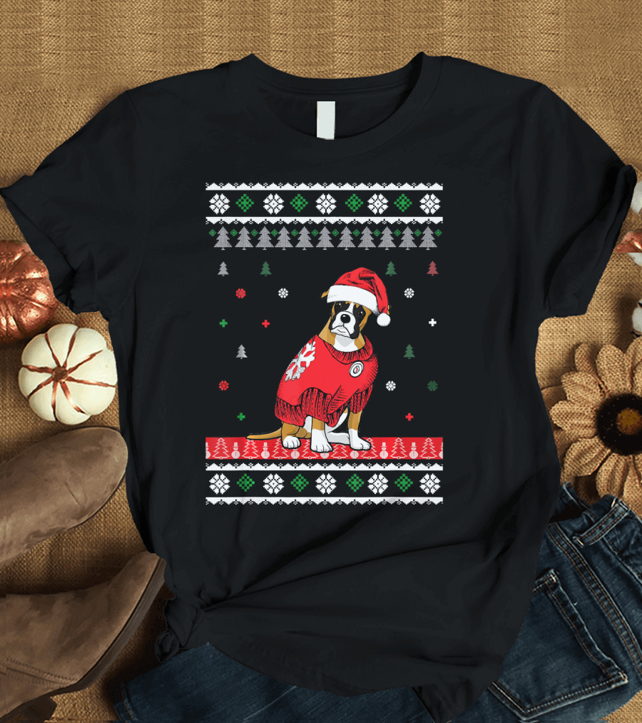 Cute Christmas Boxer Dog in Santa Hat and Festive T-Shirt