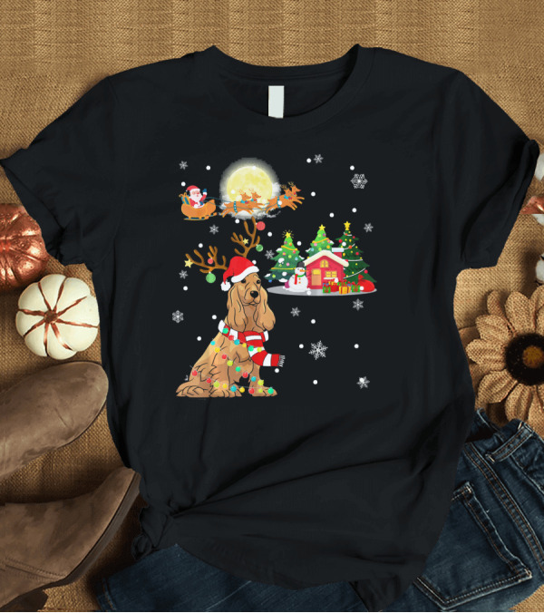 T-Shirt: Festive Cocker Spaniel with Santa Sleigh and Christmas Village T-Shirt Festive Cocker Spaniel with Santa Sleigh and Christmas Village T-Shirt
