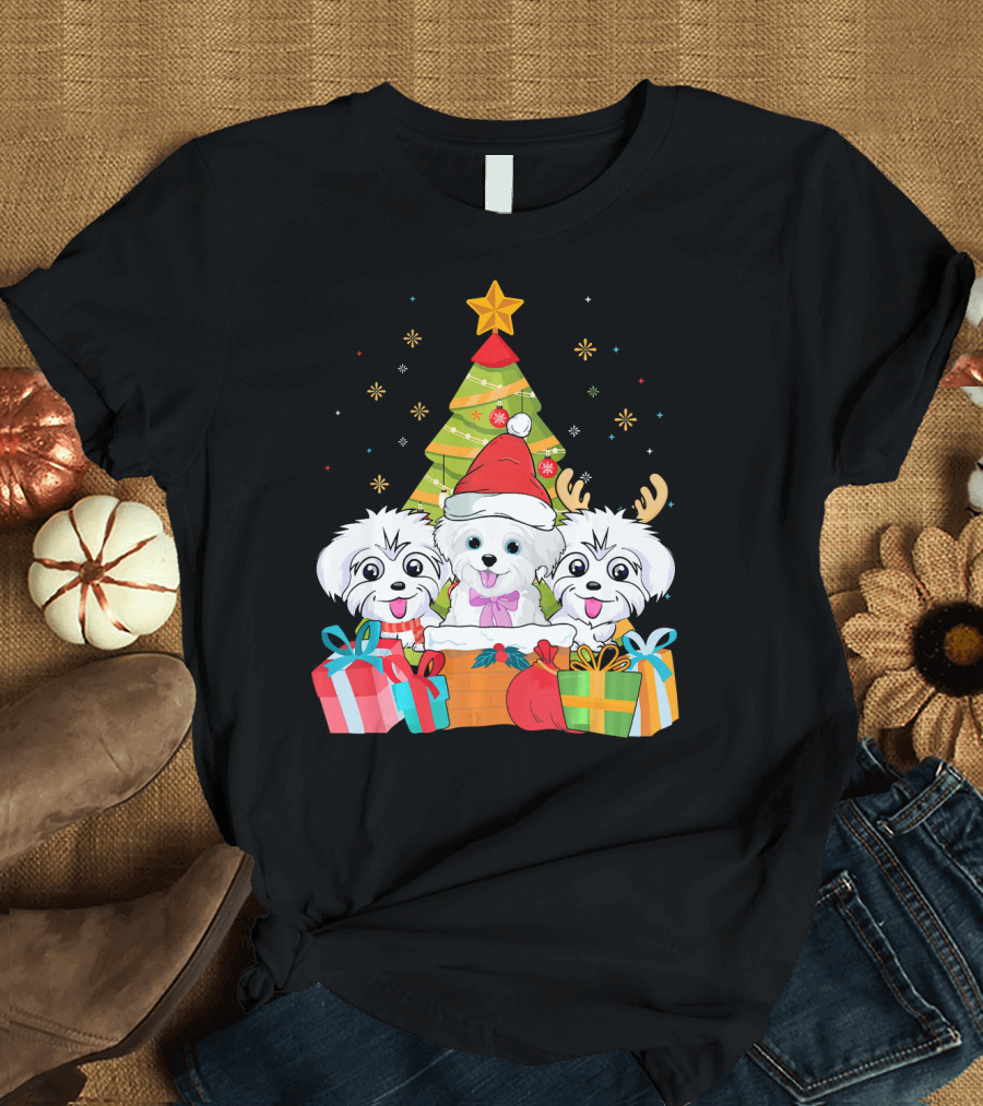 Christmas Cute Maltese Dog Xmas Tree Star Presents Bow Santa Hat Reindeer Antlers T-Shirt