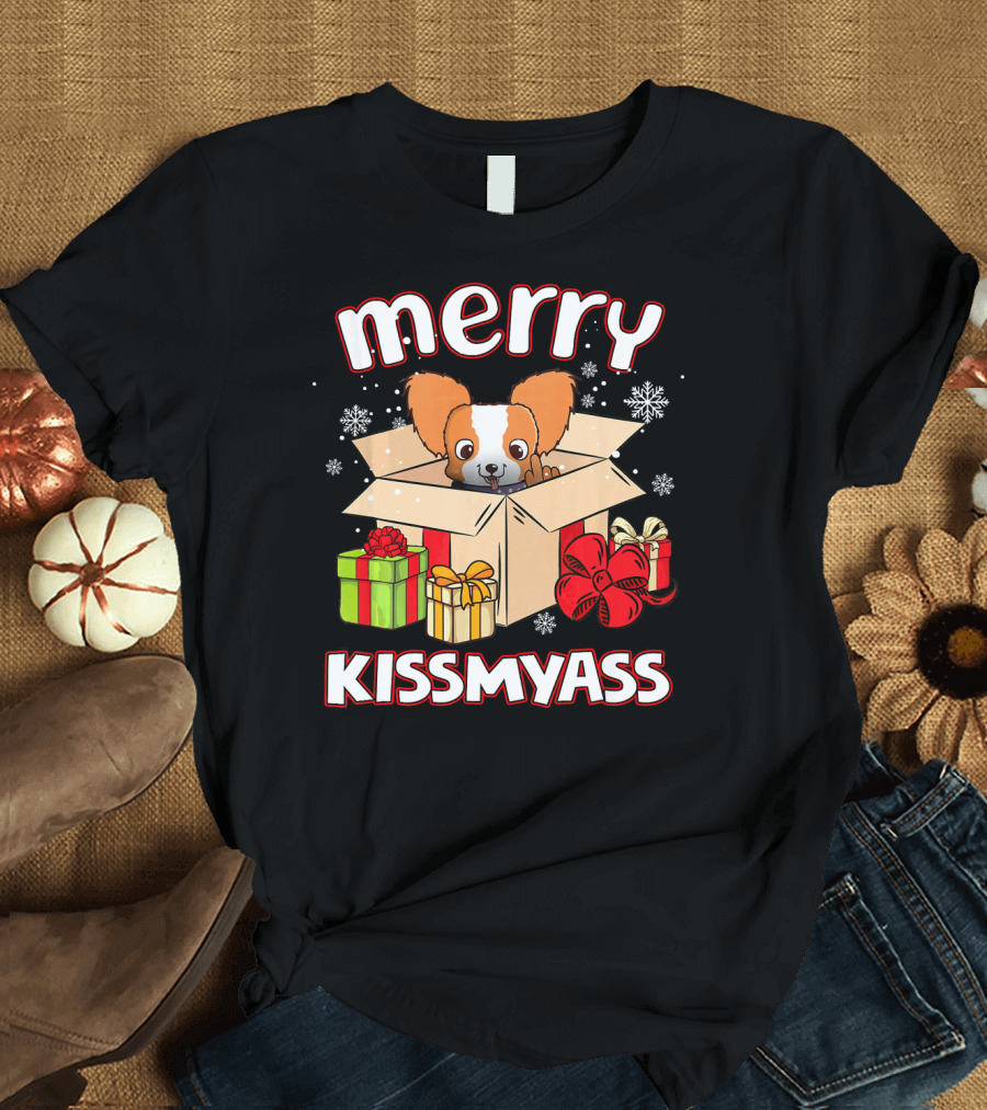 Merry Kissmyass Papillon Puppy in Christmas Gift Box Snowflakes and Presents T-Shirt