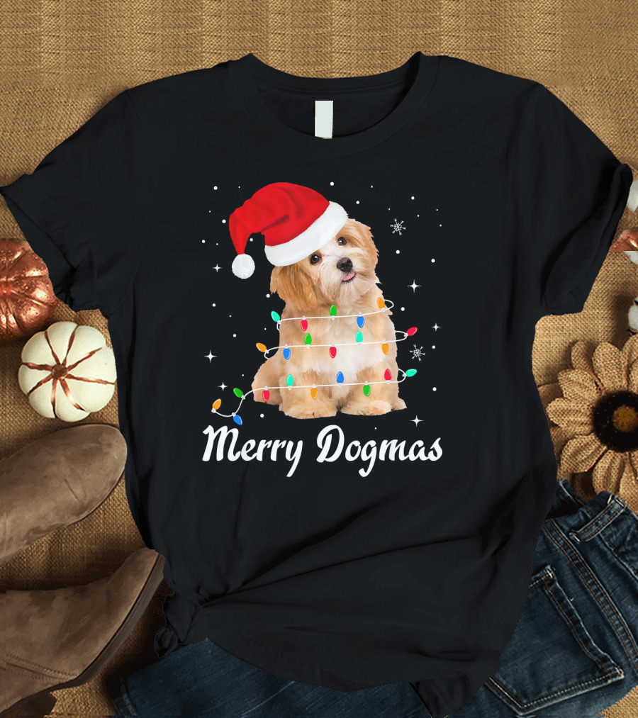 Merry Dogmas Christmas Light Dog with Santa Hat and Stars T-Shirt