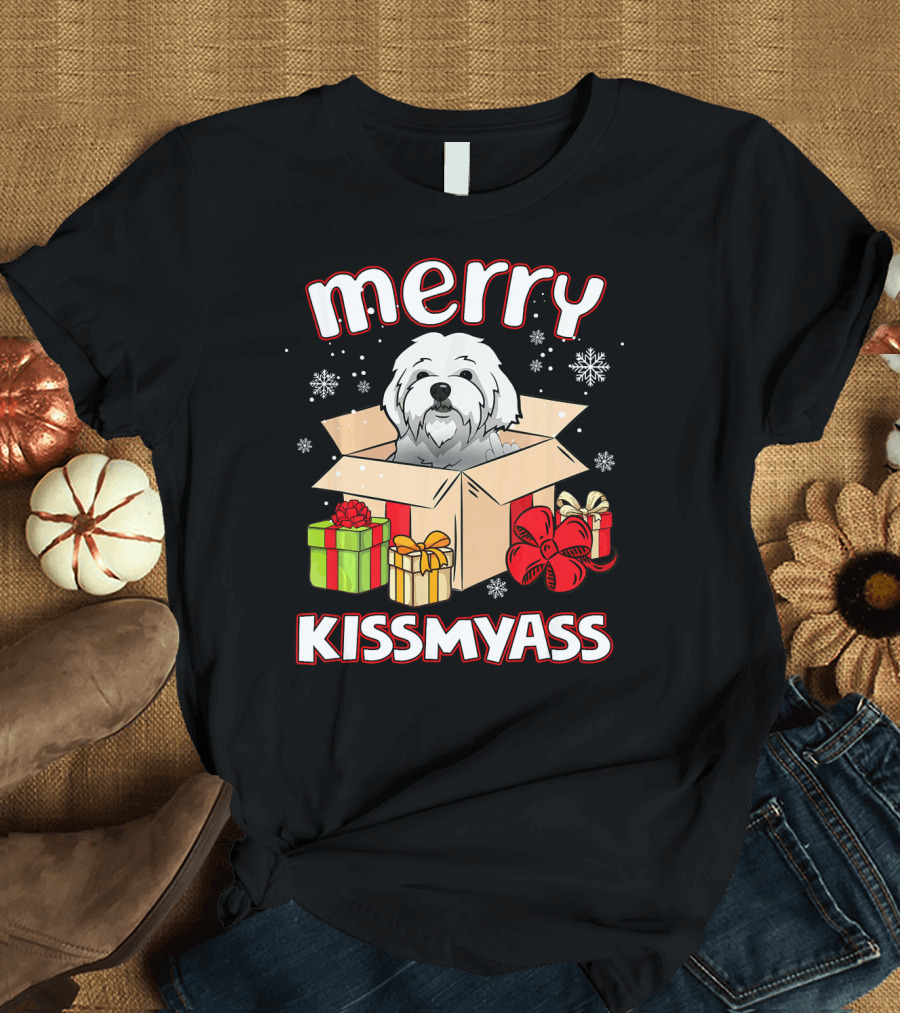 Merry Kissmyass Maltese Dog in Box with Xmas Gifts and Snowflakes T-Shirt