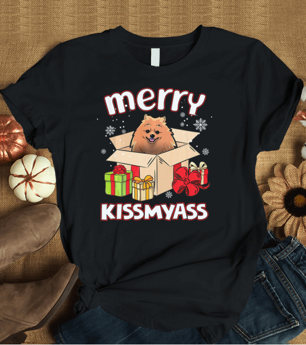 T-Shirt: Merry Kissmyass Pomeranian in Christmas Gift Box with Snowflakes and Presents T-Shirt Merry Kissmyass Pomeranian in Christmas Gift Box with Snowflakes and Presents T-Shirt