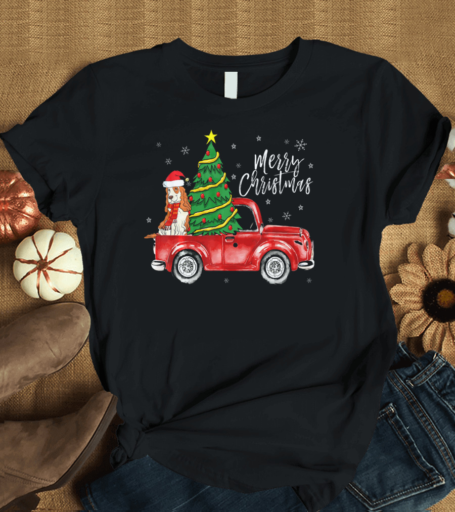 Merry Christmas Cute Cocker Spaniel Red Truck Christmas Tree T-Shirt