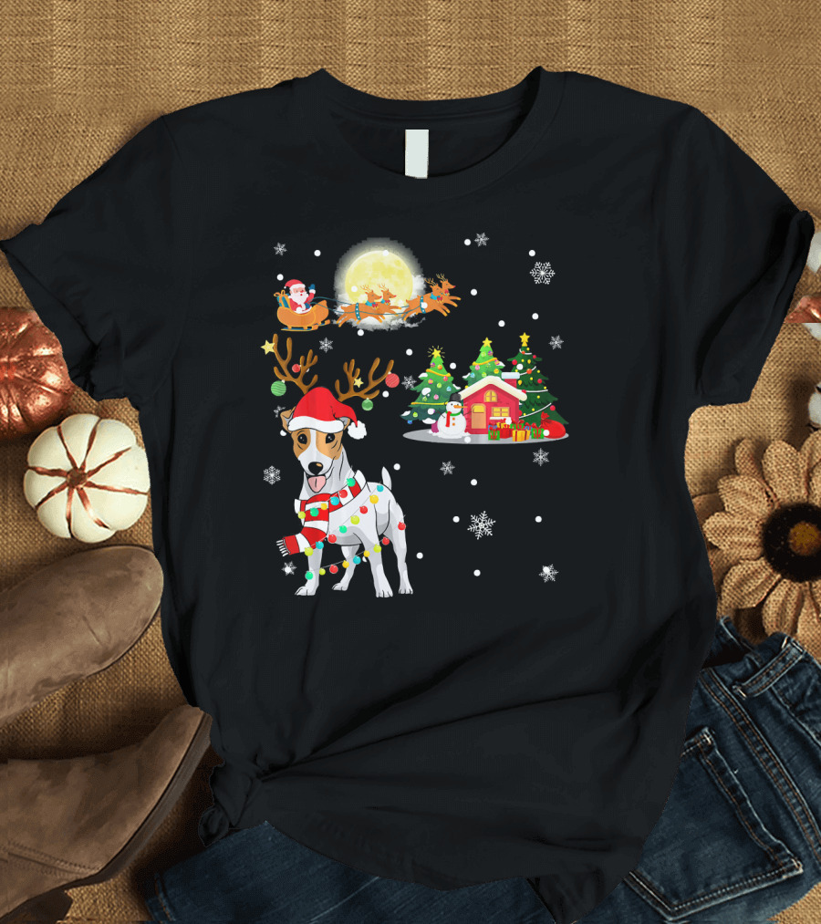 Cute Jack Russell Reindeer Celebrates Christmas Under Santa's Sleigh T-Shirt