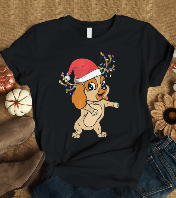 T-Shirt: Cocker Spaniel Dog with Santa Hat and Reindeer Antlers with Christmas Lights T-Shirt Cocker Spaniel Dog with Santa Hat and Reindeer Antlers with Christmas Lights T-Shirt