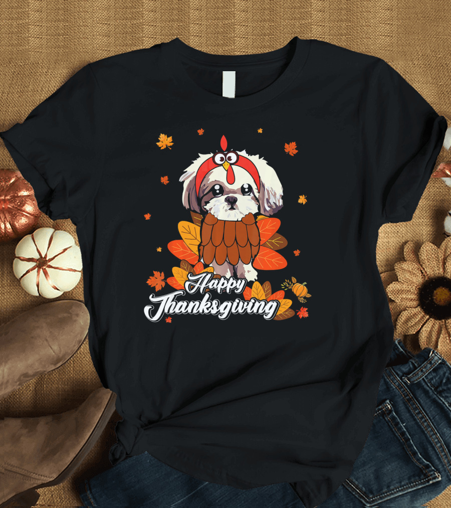 Happy Thanksgiving Shih Tzu Turkey Costume with Autumn Leaves and Pumpkin Accents T-Shirt