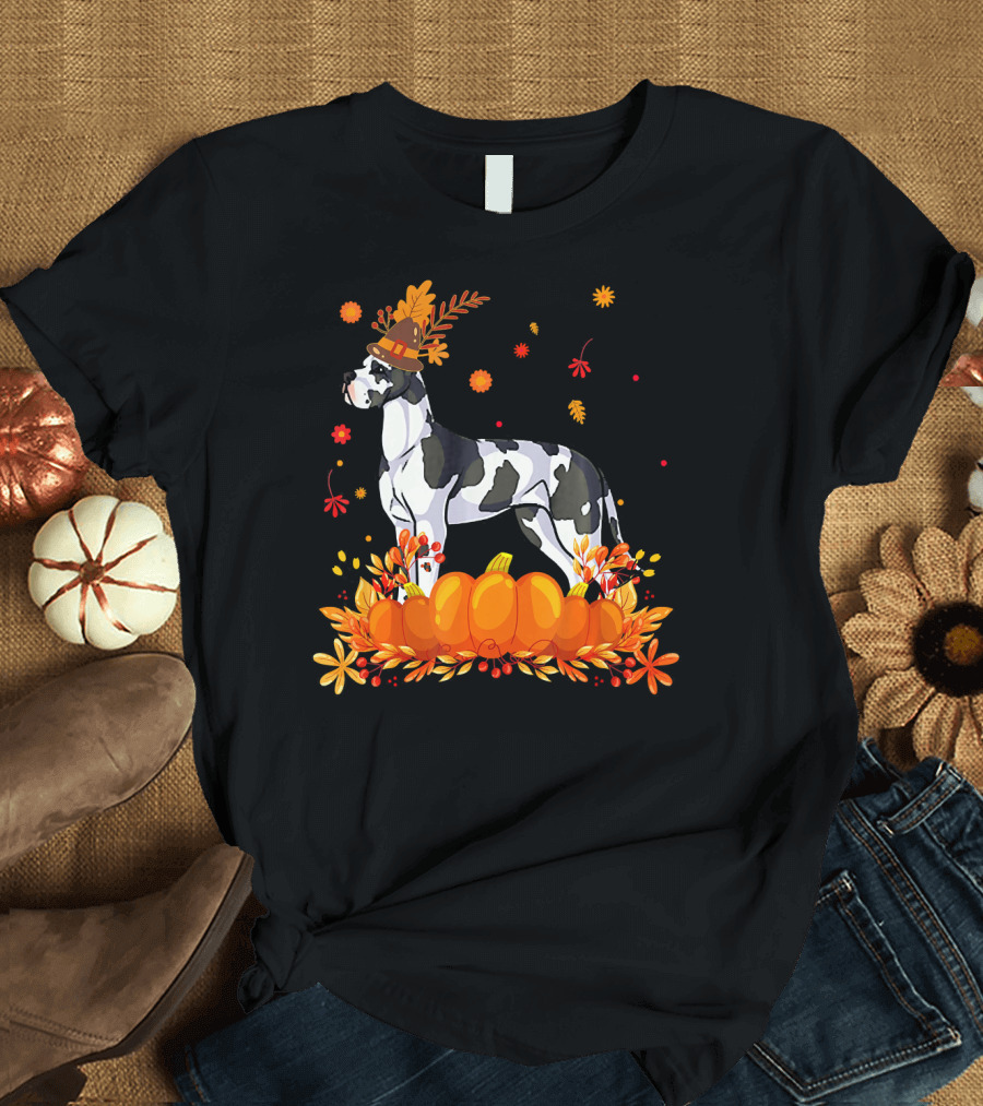 Cute Great Dane Dog with Autumn Leaves and Pumpkins T-Shirt