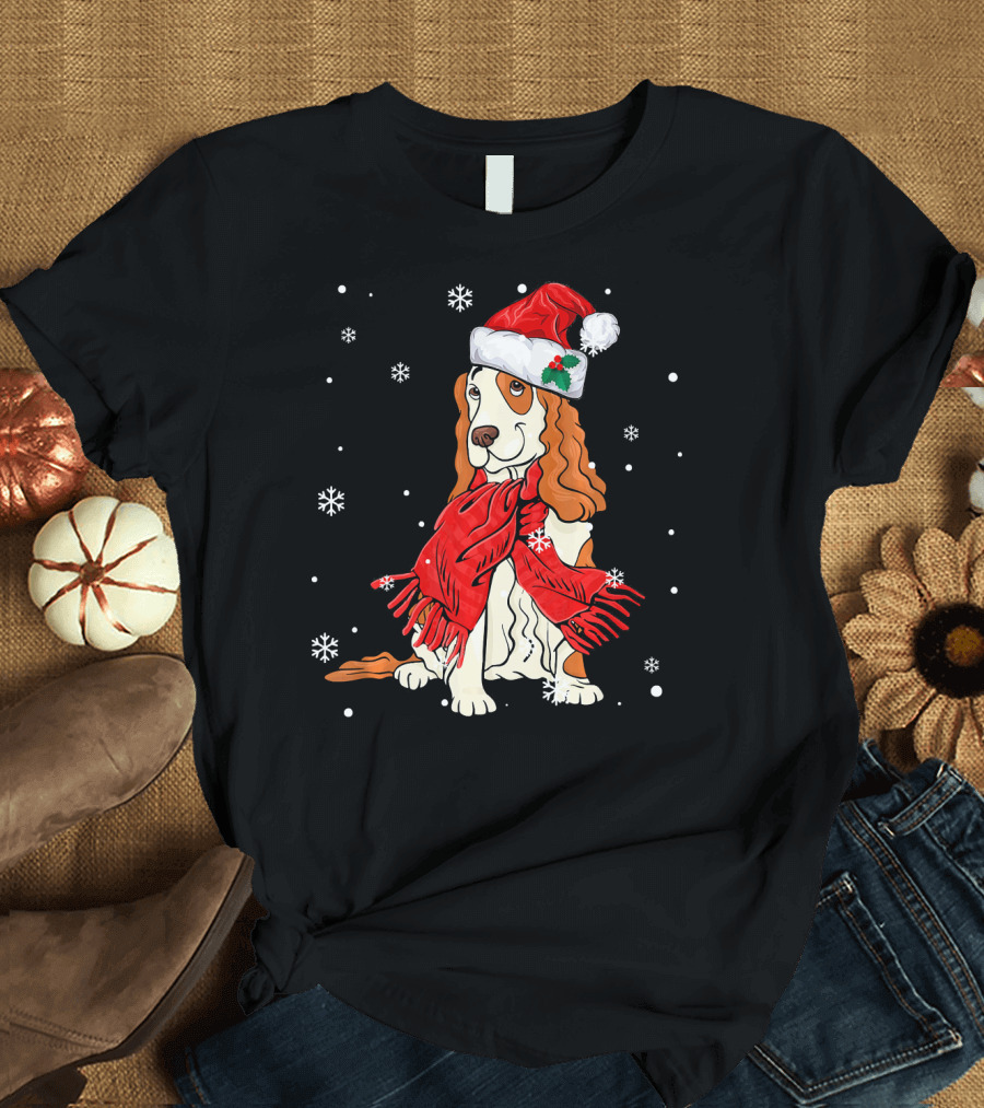 Cocker Spaniel Santa Hat Red Scarf Snowflakes T-Shirt