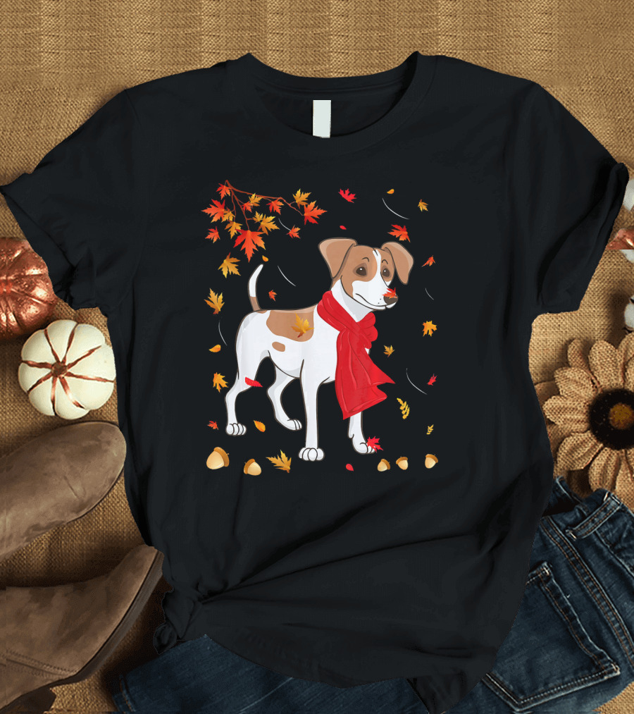 Adorable Jack Russell Terrier Dog with Red Scarf in Autumn Leaves T-Shirt