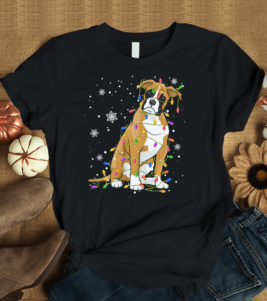 Cute Boxer Dog Wrapped in Christmas Tree Lights with Snowflakes and Holiday Spirit T-Shirt