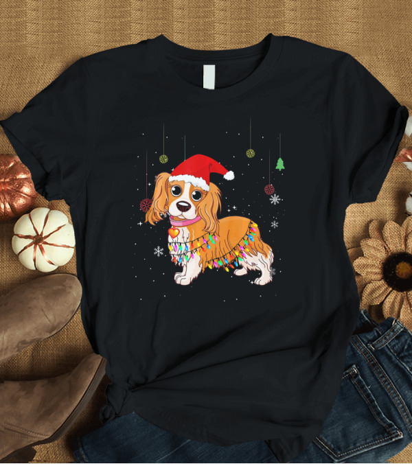 T-Shirt: Cute Cavalier King Charles Spaniel with Santa Hat and Christmas Lights T-Shirt Cute Cavalier King Charles Spaniel with Santa Hat and Christmas Lights T-Shirt