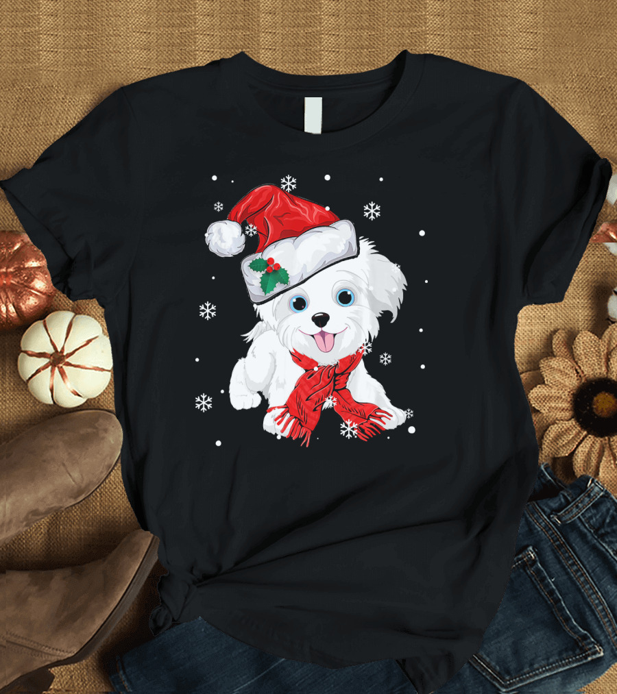 Maltese Dog Wearing Santa Hat with Red Scarf Surrounded by Snowflakes T-Shirt