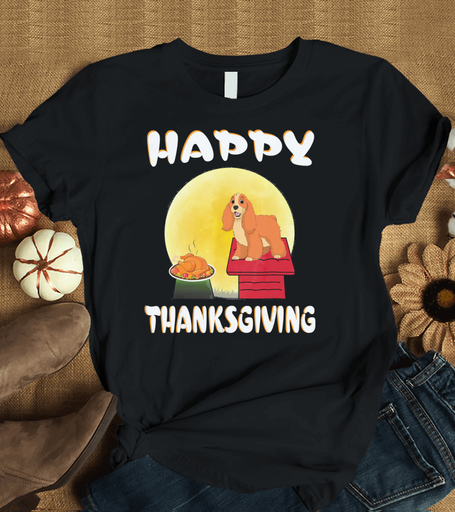 Happy Thanksgiving American Cocker Spaniel Dog on Doghouse with Turkey Dinner T-Shirt