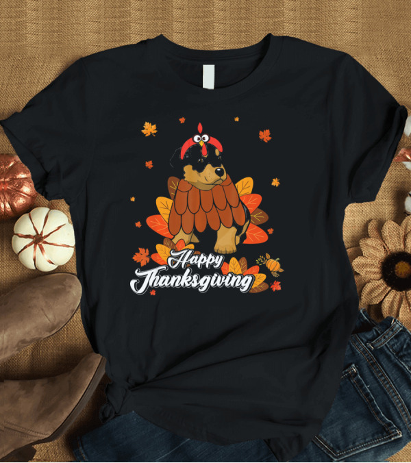 T-Shirt: Happy Thanksgiving Rottweiler Puppy with Turkey Costume T-Shirt Happy Thanksgiving Rottweiler Puppy with Turkey Costume T-Shirt