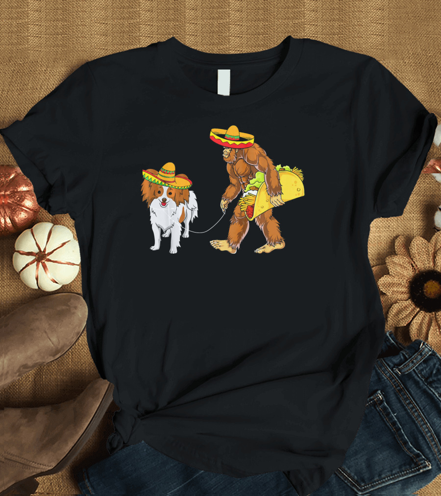 Cinco De Mayo Bigfoot and Papillon with Tacos and Sombreros T-Shirt