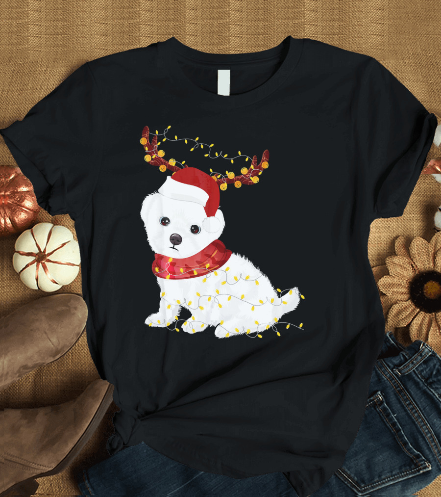 Maltese Dog in Santa Hat with Reindeer Antlers and Xmas Lights T-Shirt
