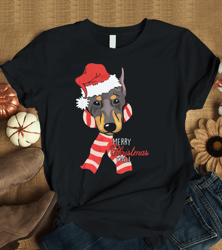 Merry Christmas Y'all Santa Hat Doberman Dog in Striped Scarf T-Shirt