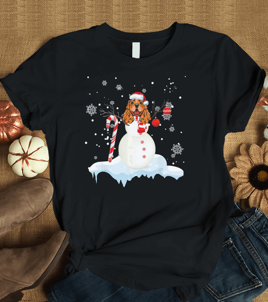 Cocker Spaniel Snowman with Candy Cane and Snowflakes T-Shirt