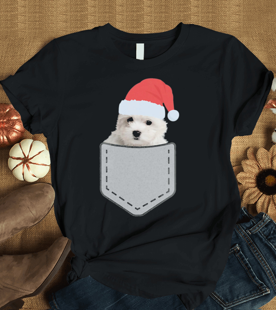 Maltese Puppy with Christmas Hat in Pocket T-Shirt